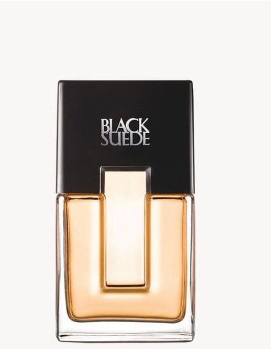 Black Suede Men eau de cologne spray bottle with black cap and amber liquid inside