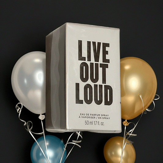 Avon Live Out Loud Eau De Perfume Spray 1.7 fl oz with wild strawberry, mimosa, and vanilla fragrance notes surrounded by festive balloons