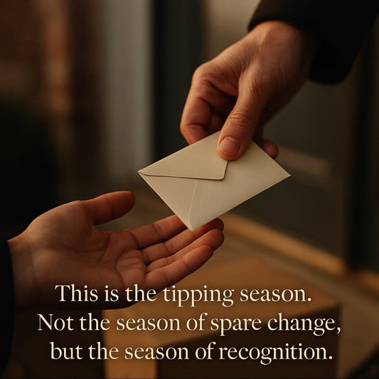 A warm close-up scene of two hands exchanging a small beige envelope symbolizing gratitude and recognition. The image includes the quote. “This is the tipping season. Not the season of spare change, but the season of recognition”