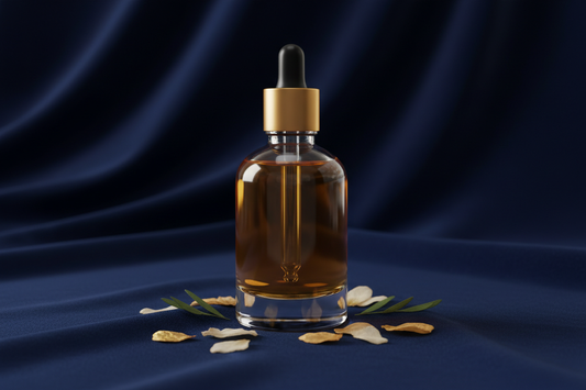 Luxury perfume oil bottles arranged for layering scents on elegant navy background - Coral Spa Store fragrance guide