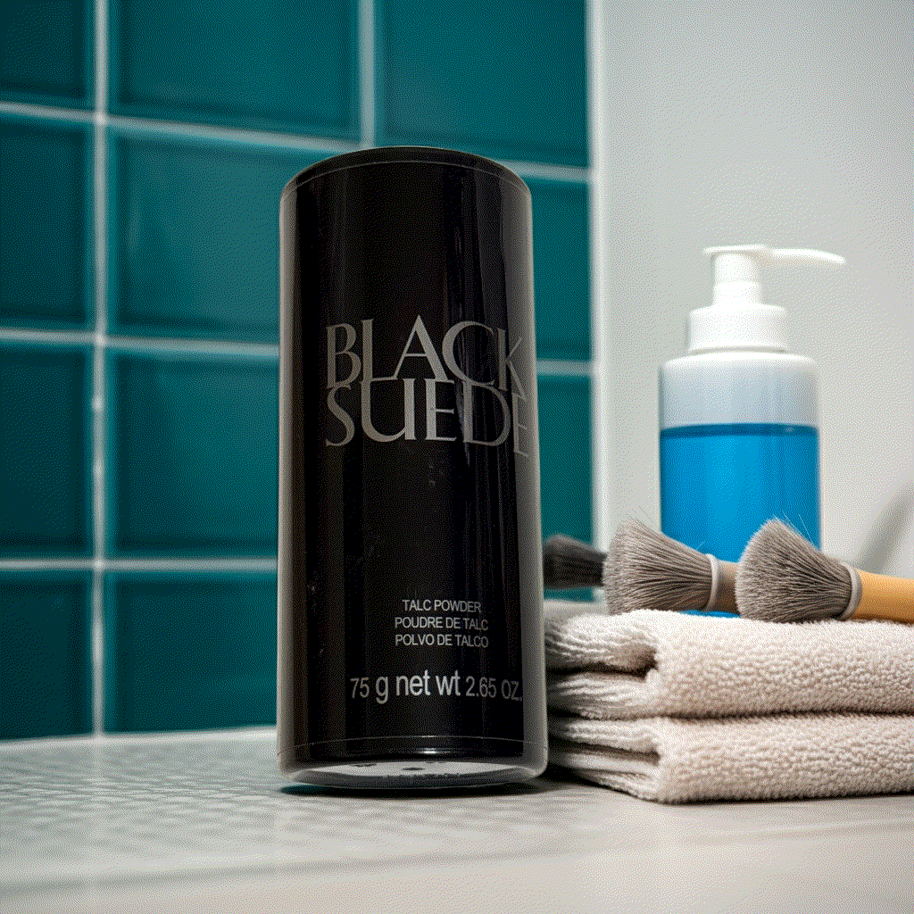 Black Suede talc powder 2.65 oz container on bathroom counter with towels and brushes