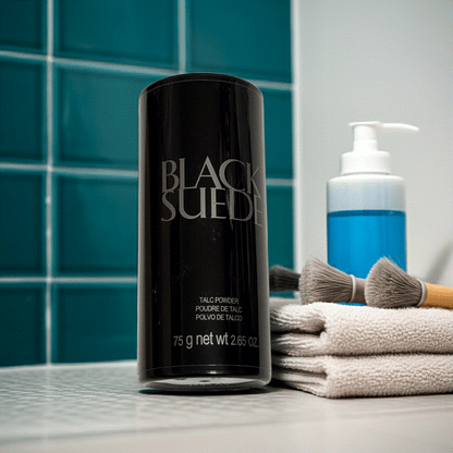 Black Suede talc powder 2.65 oz container on bathroom counter with towels and brushes