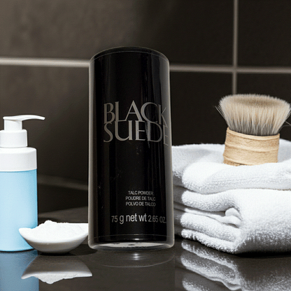 Black Suede talc powder 2.65 oz container on bathroom counter with towels and brush