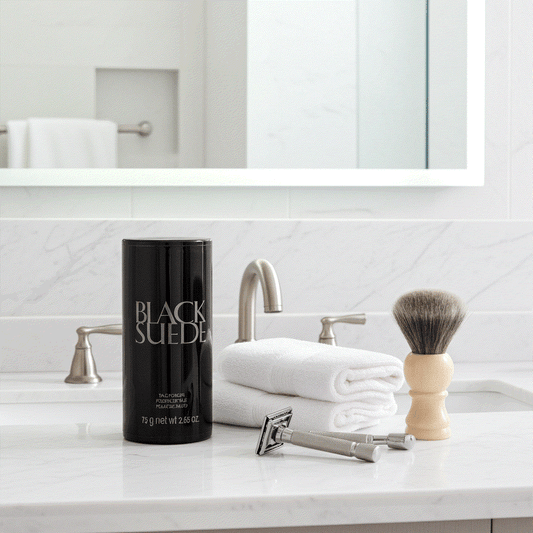 Black Suede talc powder 2.65 oz container on bathroom counter with shaving brush and razor