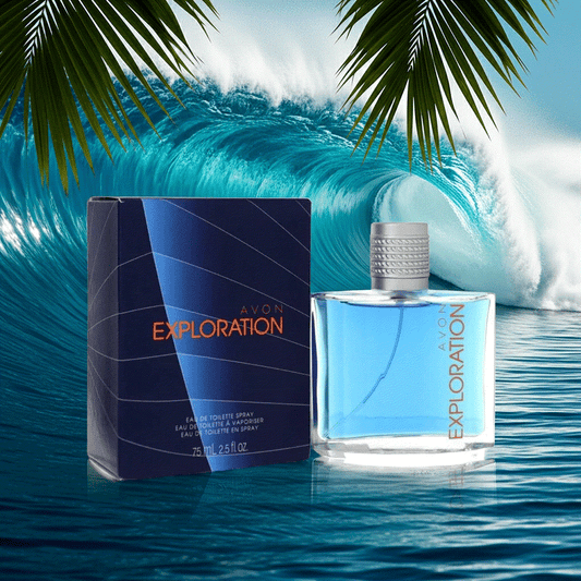 Avon Exploration Eau De Toilette cologne spray bottle and box with ocean wave background