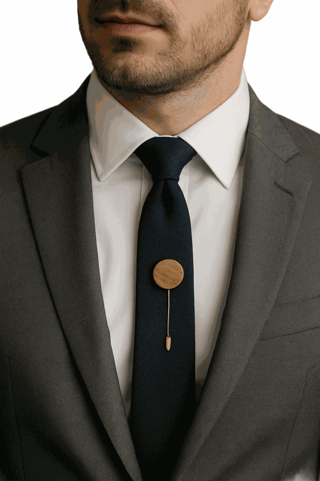 Man wearing suit with Mahogany Heritage Accent Pin on black tie