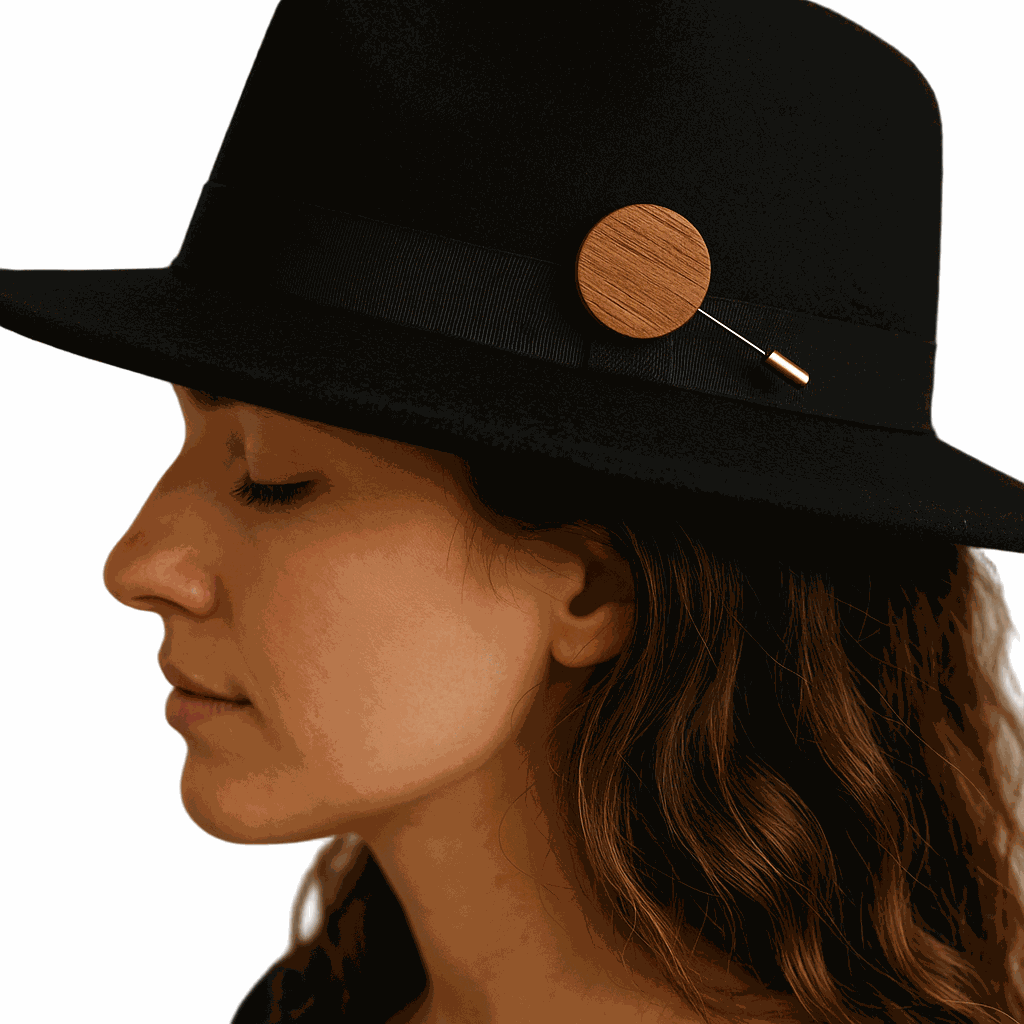 Mahogany Heritage Accent Pin on black hat worn by woman, handcrafted wooden accessory symbolizing heritage and natural luxury