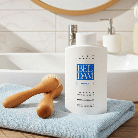 Beldam Body Lotion made in Switzerland 17 fl oz bottle on blue towel with wooden brushes beside bathroom sink moisturizing skin