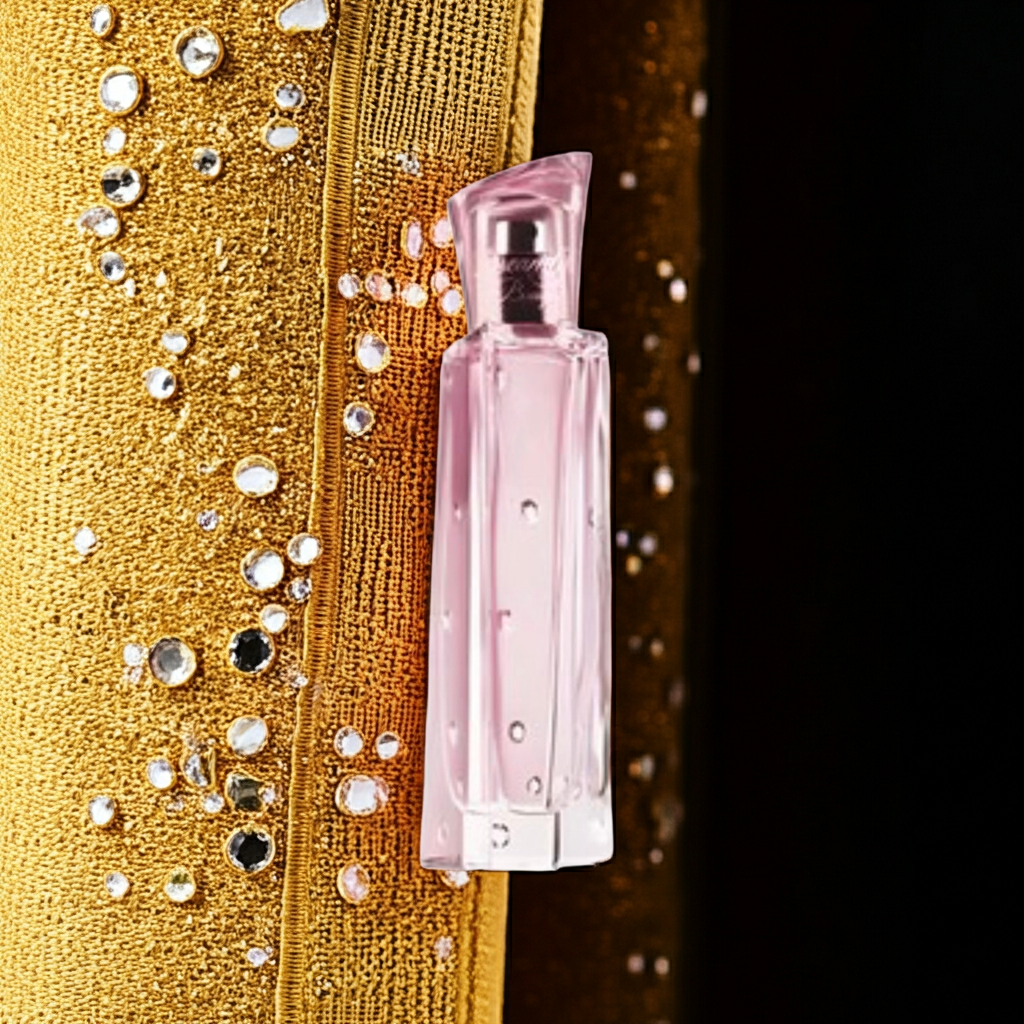 Pink Dreamlife Bouquet Eau De Perfume bottle with sparkling gold background and floral essence design