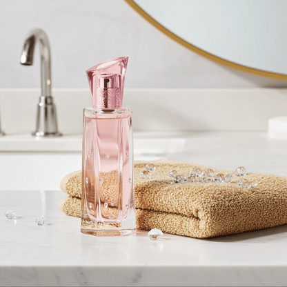 Dreamlife Bouquet Eau De Perfume pink floral bottle on bathroom counter with towel and crystals