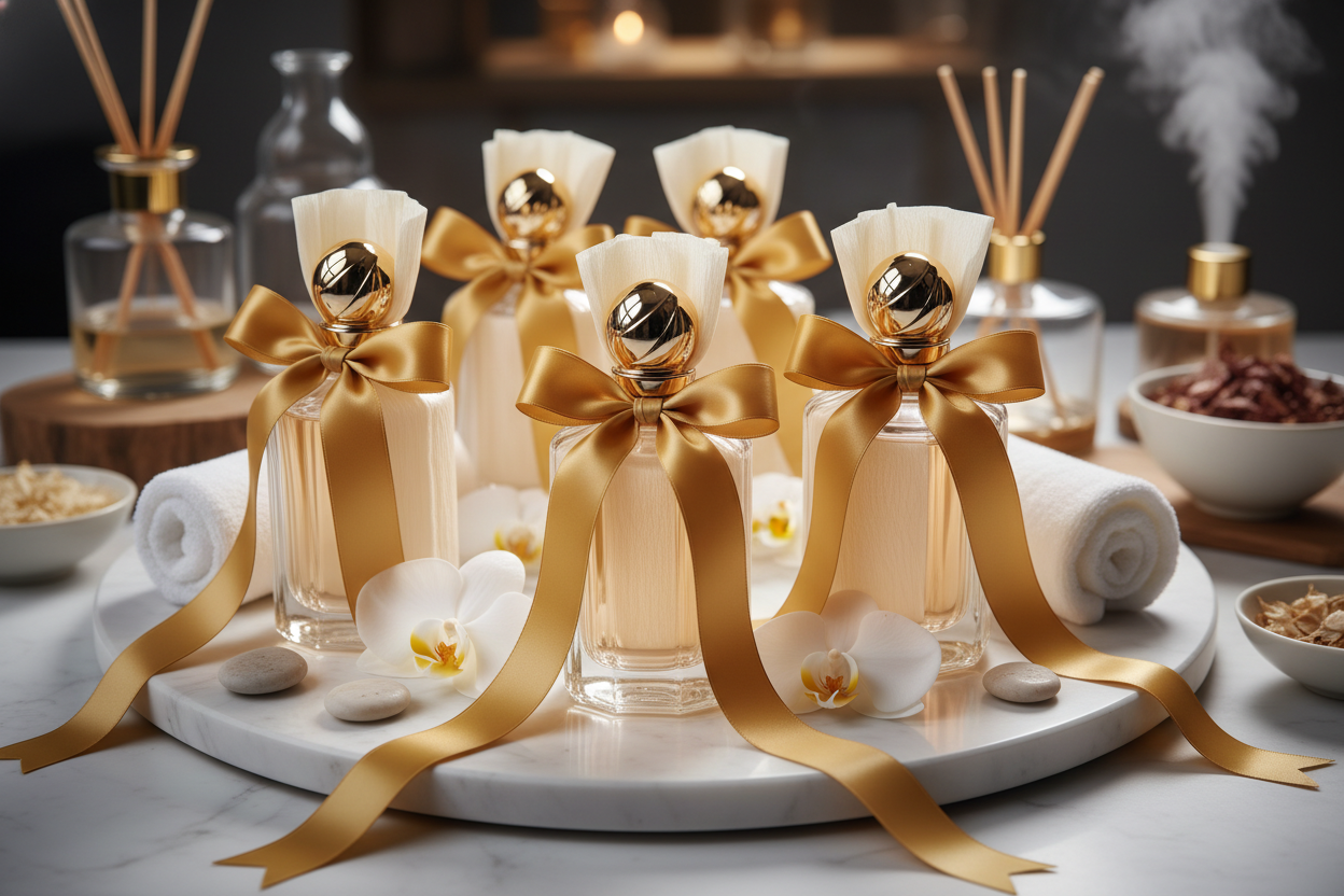 Spa gifts of perfume wrap in golden ribbons